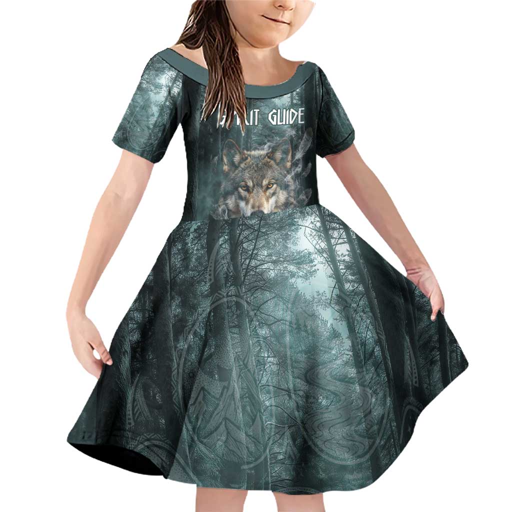 Spirit Guide Wolf Family Matching Off Shoulder Short Dress and Hawaiian Shirt with Forest Background Tribal Paw Print with Nature Symbols Native American - Wonder Print Shop