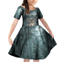 Spirit Guide Wolf Family Matching Off Shoulder Short Dress and Hawaiian Shirt with Forest Background Tribal Paw Print with Nature Symbols Native American - Wonder Print Shop