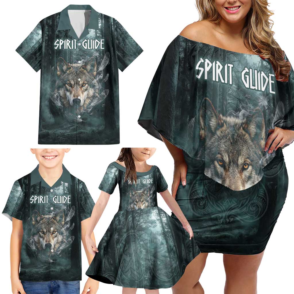 Spirit Guide Wolf Family Matching Off Shoulder Short Dress and Hawaiian Shirt with Forest Background Tribal Paw Print with Nature Symbols Native American - Wonder Print Shop