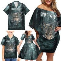 Spirit Guide Wolf Family Matching Off Shoulder Short Dress and Hawaiian Shirt with Forest Background Tribal Paw Print with Nature Symbols Native American - Wonder Print Shop