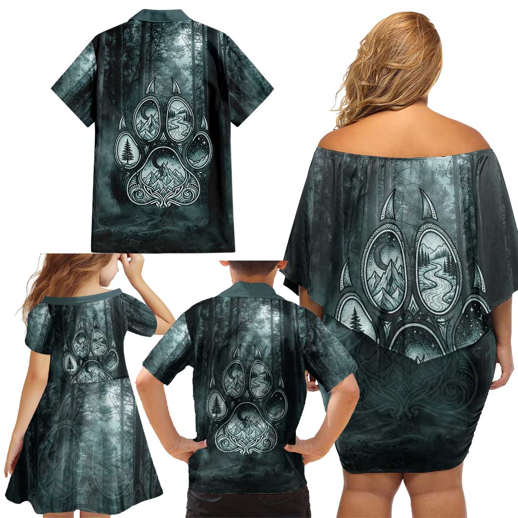 Spirit Guide Wolf Family Matching Off Shoulder Short Dress and Hawaiian Shirt with Forest Background Tribal Paw Print with Nature Symbols Native American - Wonder Print Shop