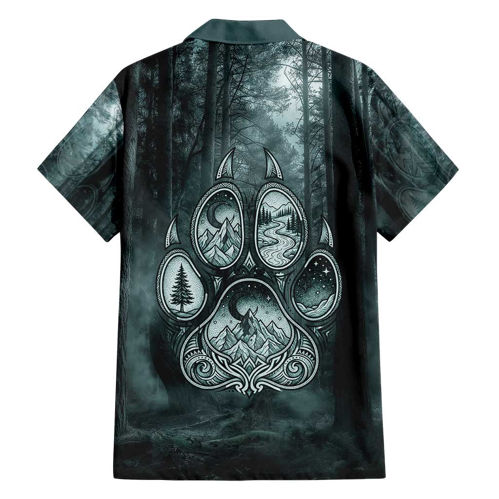 Spirit Guide Wolf Family Matching Off Shoulder Short Dress and Hawaiian Shirt with Forest Background Tribal Paw Print with Nature Symbols Native American - Wonder Print Shop