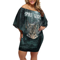 Spirit Guide Wolf Family Matching Off Shoulder Short Dress and Hawaiian Shirt with Forest Background Tribal Paw Print with Nature Symbols Native American - Wonder Print Shop