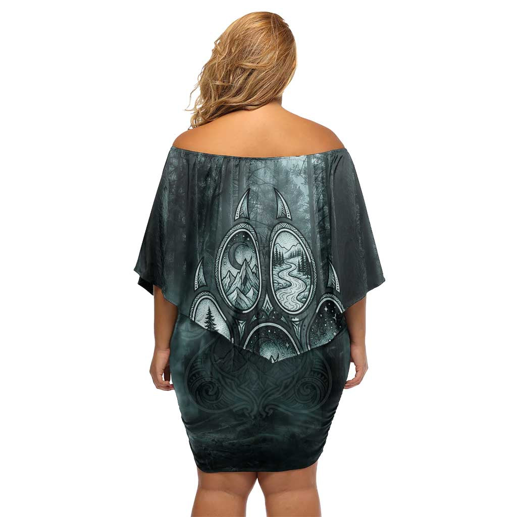Spirit Guide Wolf Family Matching Off Shoulder Short Dress and Hawaiian Shirt with Forest Background Tribal Paw Print with Nature Symbols Native American - Wonder Print Shop