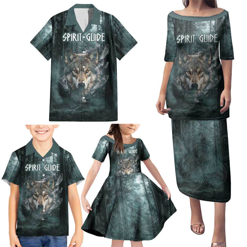 Spirit Guide Wolf Family Matching Puletasi and Hawaiian Shirt with Forest Background Tribal Paw Print with Nature Symbols Native American - Wonder Print Shop