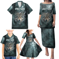 Spirit Guide Wolf Family Matching Puletasi and Hawaiian Shirt with Forest Background Tribal Paw Print with Nature Symbols Native American - Wonder Print Shop