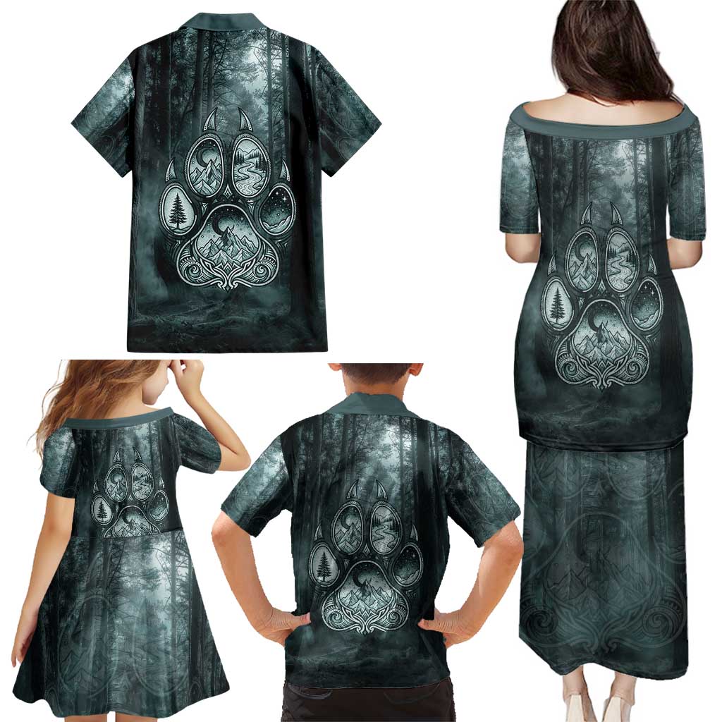 Spirit Guide Wolf Family Matching Puletasi and Hawaiian Shirt with Forest Background Tribal Paw Print with Nature Symbols Native American - Wonder Print Shop