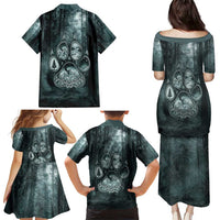 Spirit Guide Wolf Family Matching Puletasi and Hawaiian Shirt with Forest Background Tribal Paw Print with Nature Symbols Native American - Wonder Print Shop
