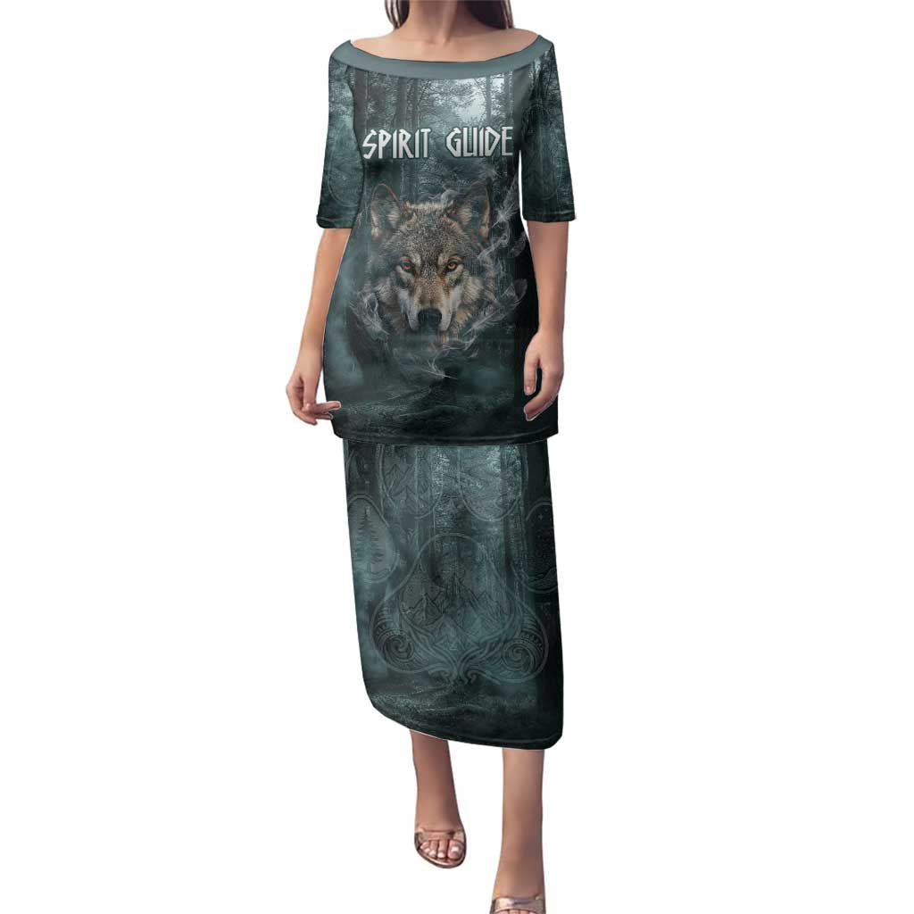 Spirit Guide Wolf Family Matching Puletasi and Hawaiian Shirt with Forest Background Tribal Paw Print with Nature Symbols Native American - Wonder Print Shop