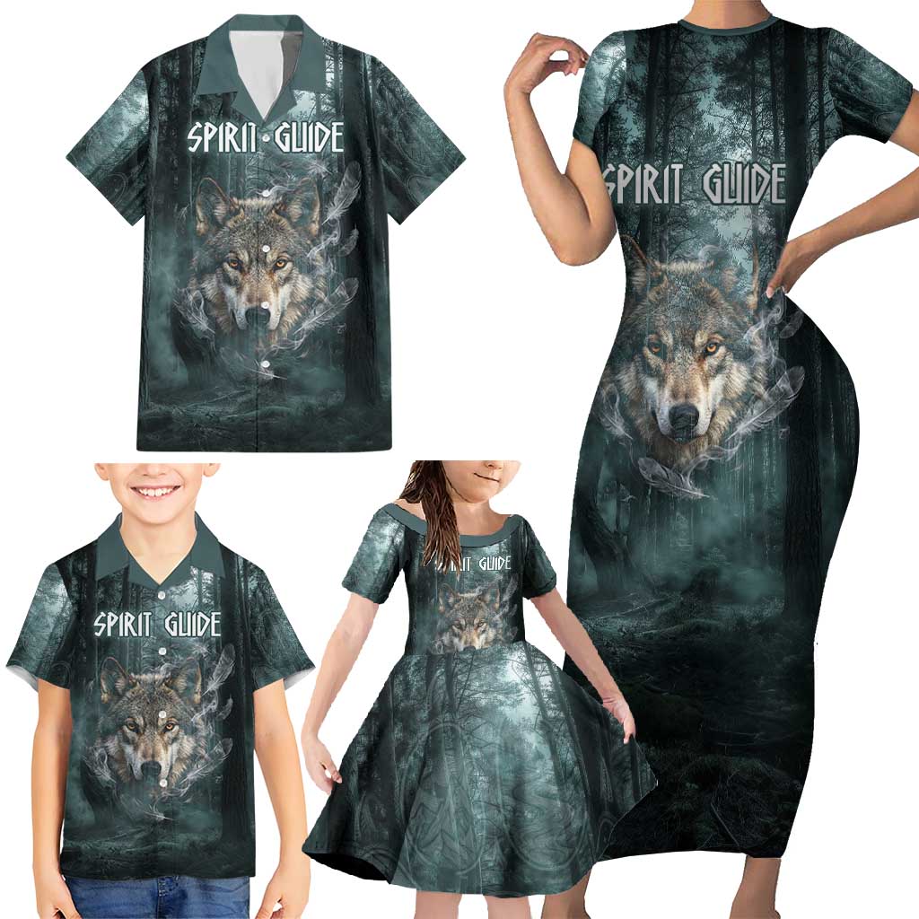 Spirit Guide Wolf Family Matching Short Sleeve Bodycon Dress and Hawaiian Shirt with Forest Background Tribal Paw Print with Nature Symbols Native American - Wonder Print Shop