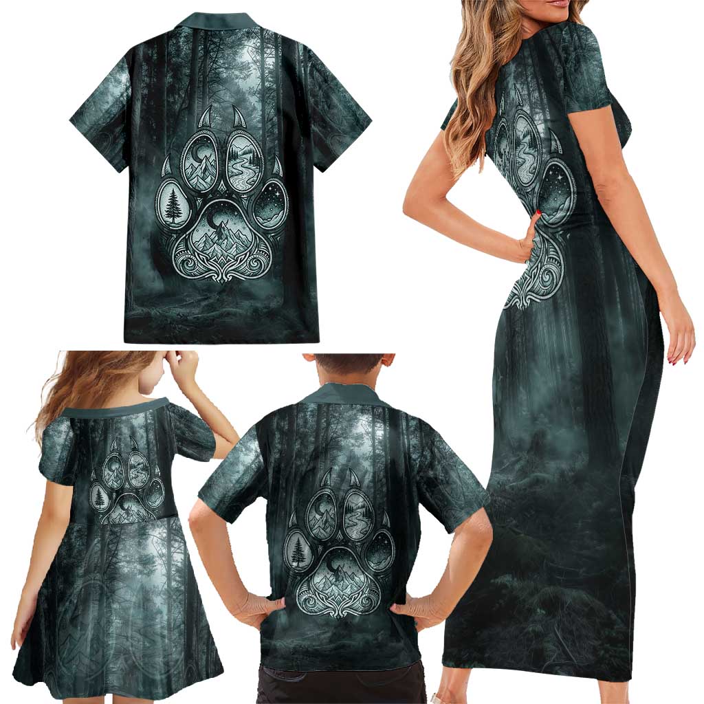 Spirit Guide Wolf Family Matching Short Sleeve Bodycon Dress and Hawaiian Shirt with Forest Background Tribal Paw Print with Nature Symbols Native American - Wonder Print Shop