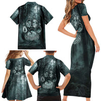 Spirit Guide Wolf Family Matching Short Sleeve Bodycon Dress and Hawaiian Shirt with Forest Background Tribal Paw Print with Nature Symbols Native American - Wonder Print Shop
