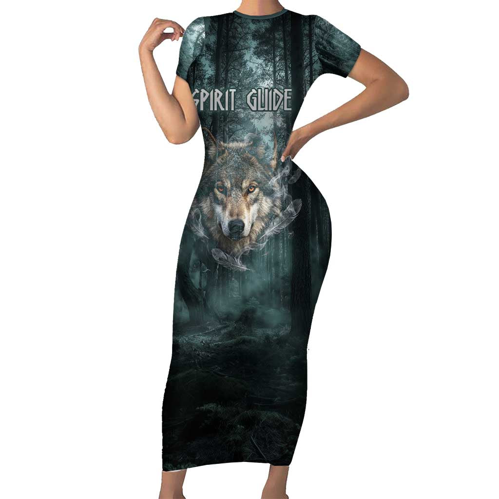 Spirit Guide Wolf Family Matching Short Sleeve Bodycon Dress and Hawaiian Shirt with Forest Background Tribal Paw Print with Nature Symbols Native American - Wonder Print Shop