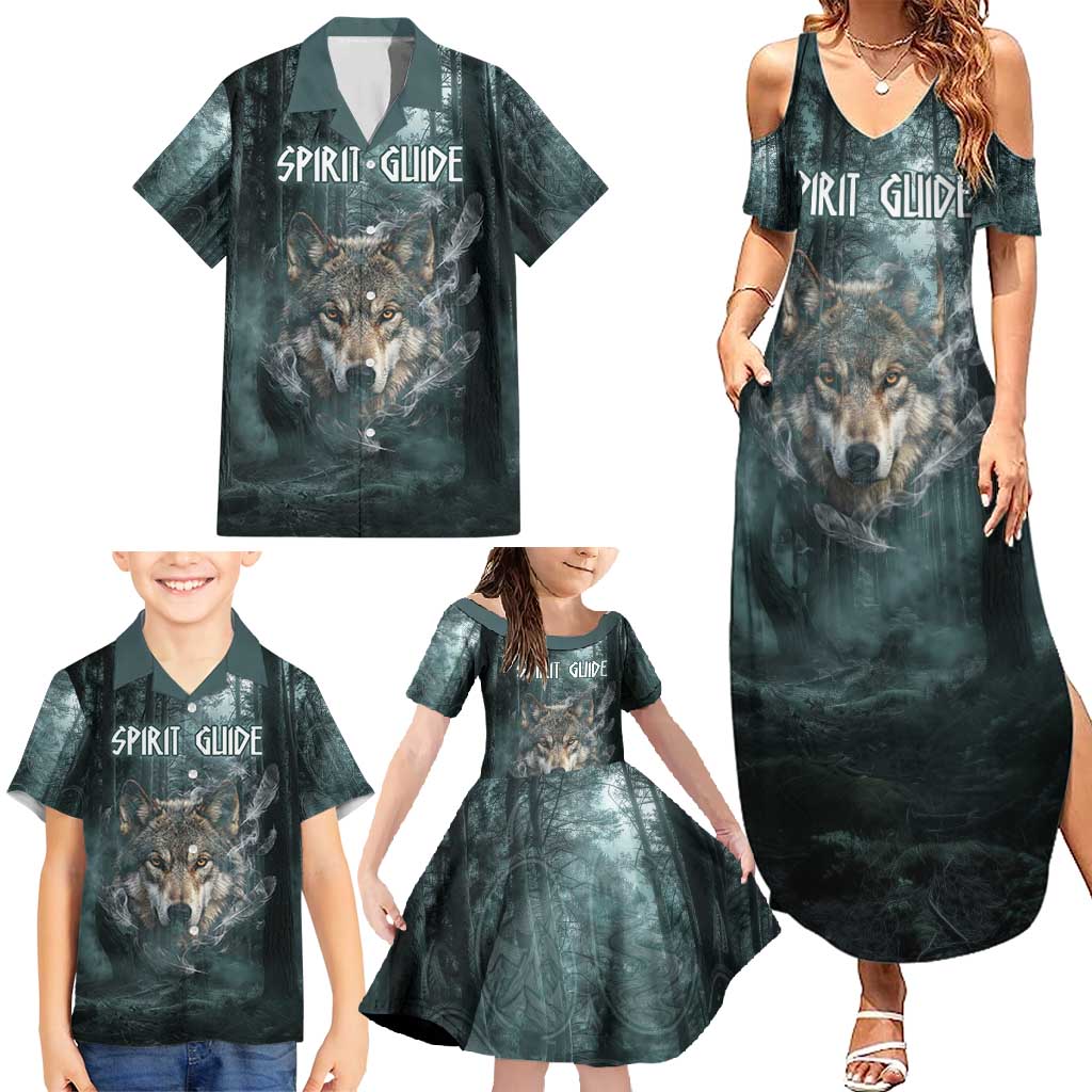 Spirit Guide Wolf Family Matching Summer Maxi Dress and Hawaiian Shirt with Forest Background Tribal Paw Print with Nature Symbols Native American - Wonder Print Shop