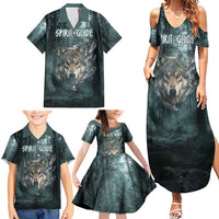 Spirit Guide Wolf Family Matching Summer Maxi Dress and Hawaiian Shirt with Forest Background Tribal Paw Print with Nature Symbols Native American - Wonder Print Shop
