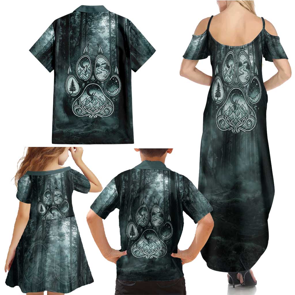 Spirit Guide Wolf Family Matching Summer Maxi Dress and Hawaiian Shirt with Forest Background Tribal Paw Print with Nature Symbols Native American - Wonder Print Shop