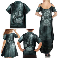 Spirit Guide Wolf Family Matching Summer Maxi Dress and Hawaiian Shirt with Forest Background Tribal Paw Print with Nature Symbols Native American - Wonder Print Shop