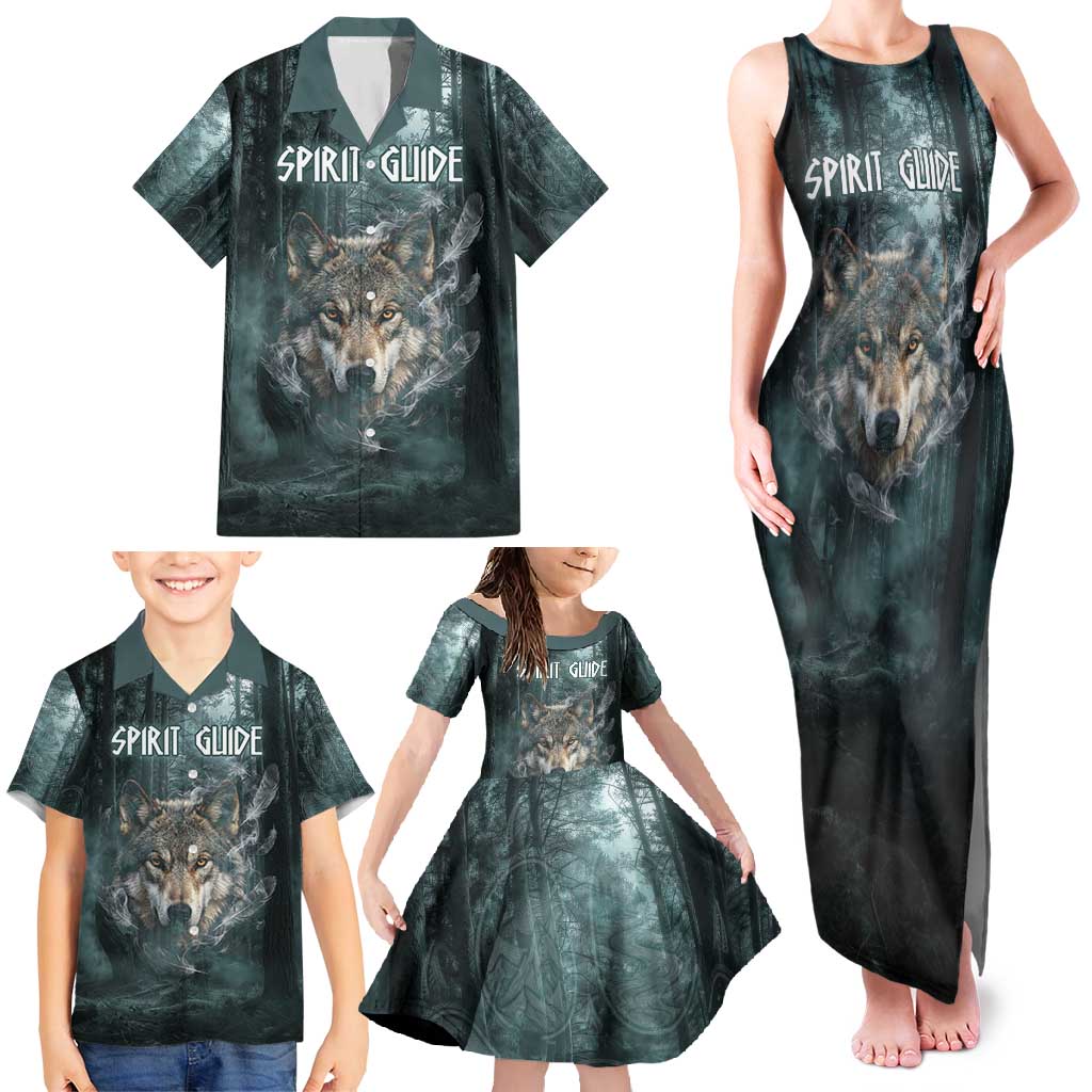 Spirit Guide Wolf Family Matching Tank Maxi Dress and Hawaiian Shirt with Forest Background Tribal Paw Print with Nature Symbols Native American - Wonder Print Shop
