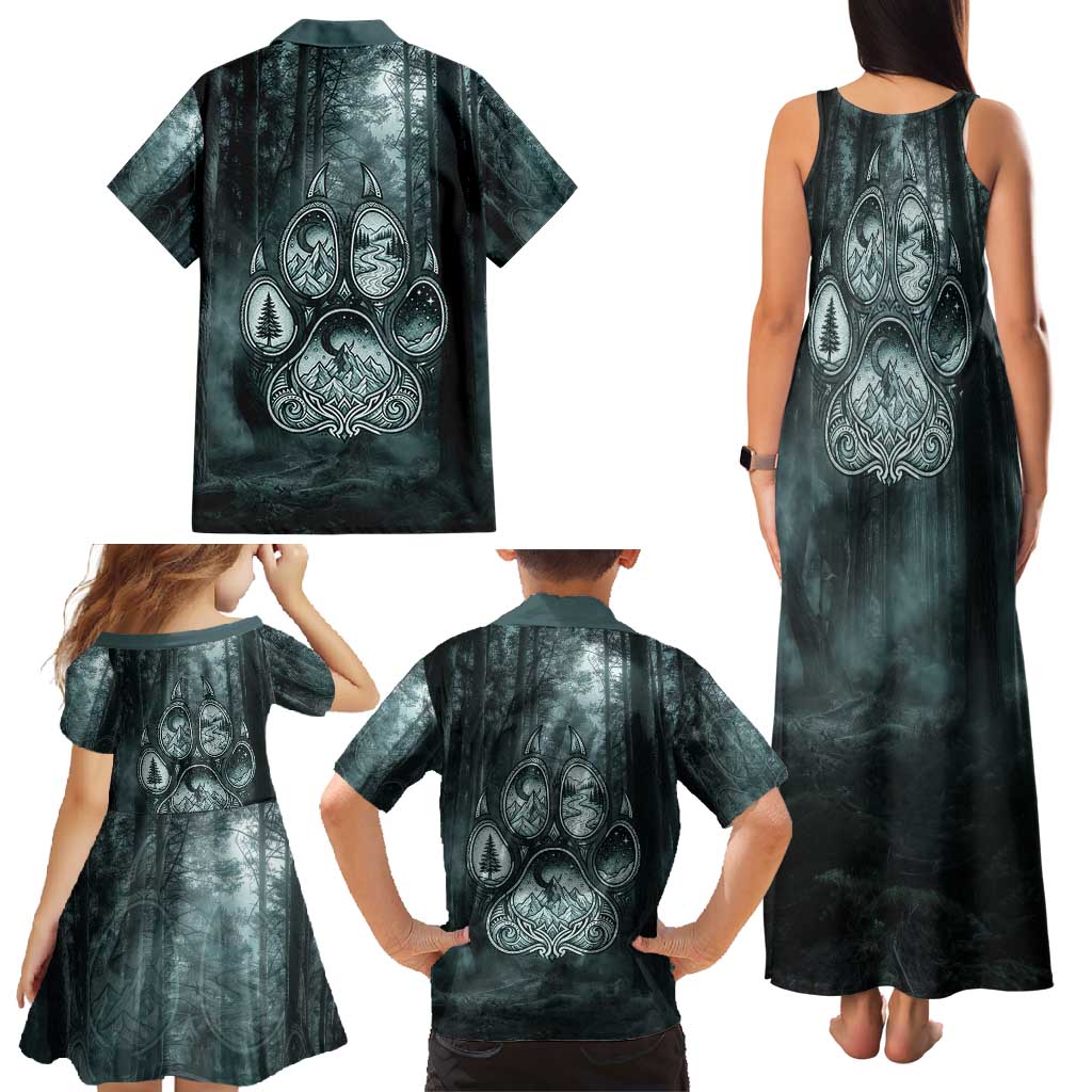 Spirit Guide Wolf Family Matching Tank Maxi Dress and Hawaiian Shirt with Forest Background Tribal Paw Print with Nature Symbols Native American - Wonder Print Shop