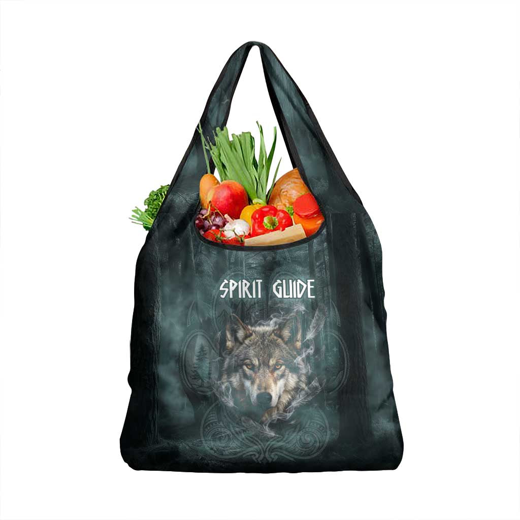 Spirit Guide Wolf Grocery Bag with Forest Background Tribal Paw Print with Nature Symbols Native American - Wonder Print Shop