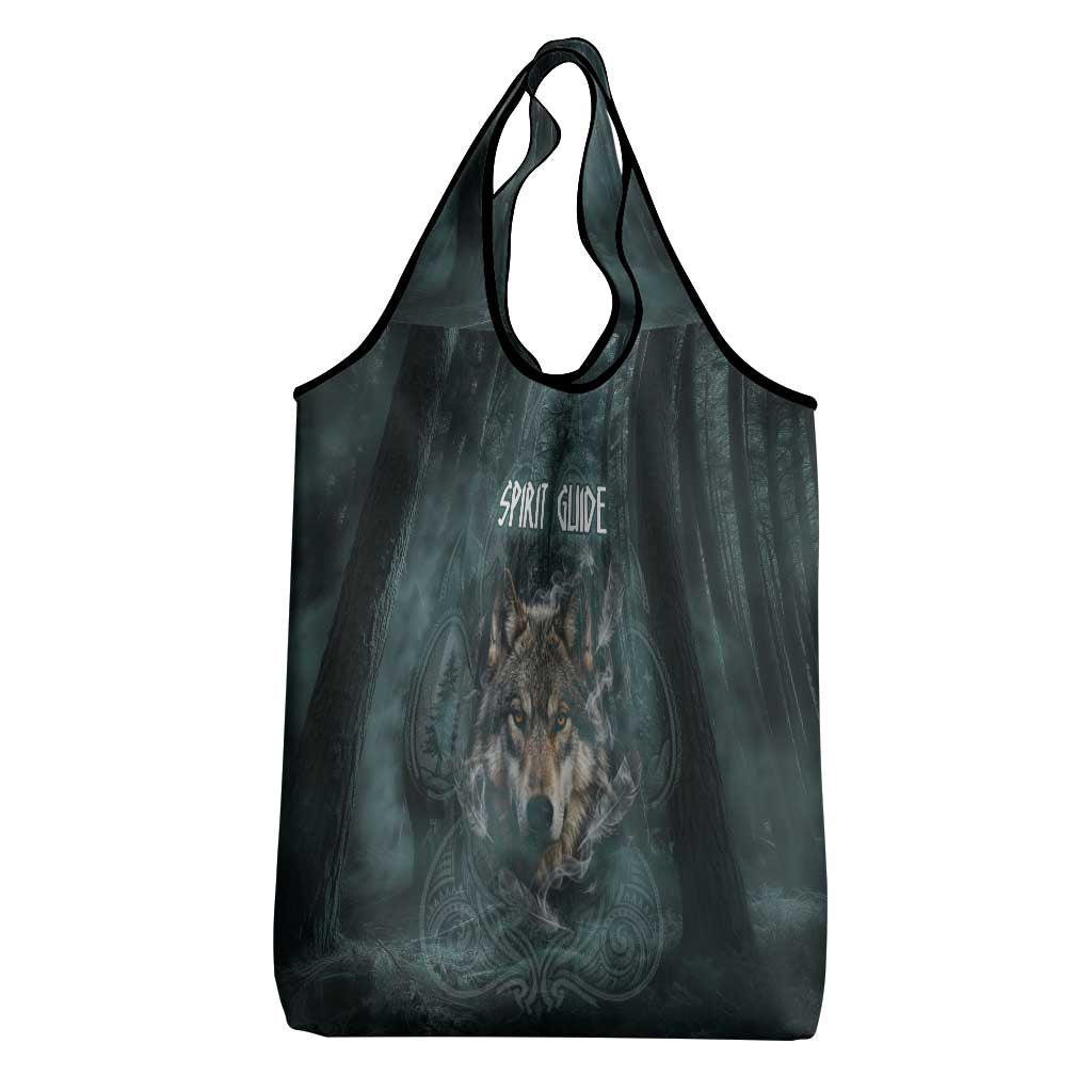 Spirit Guide Wolf Grocery Bag with Forest Background Tribal Paw Print with Nature Symbols Native American - Wonder Print Shop