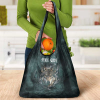 Spirit Guide Wolf Grocery Bag with Forest Background Tribal Paw Print with Nature Symbols Native American - Wonder Print Shop