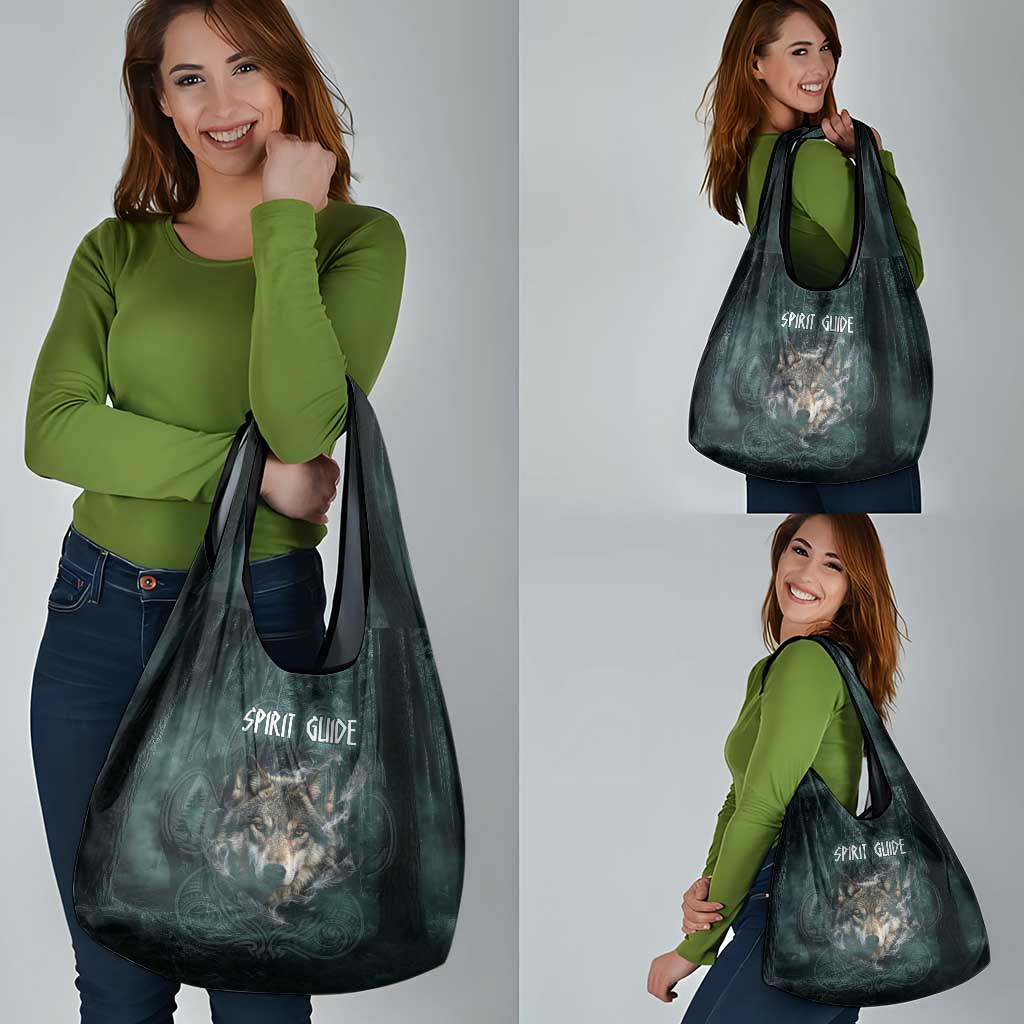 Spirit Guide Wolf Grocery Bag with Forest Background Tribal Paw Print with Nature Symbols Native American - Wonder Print Shop