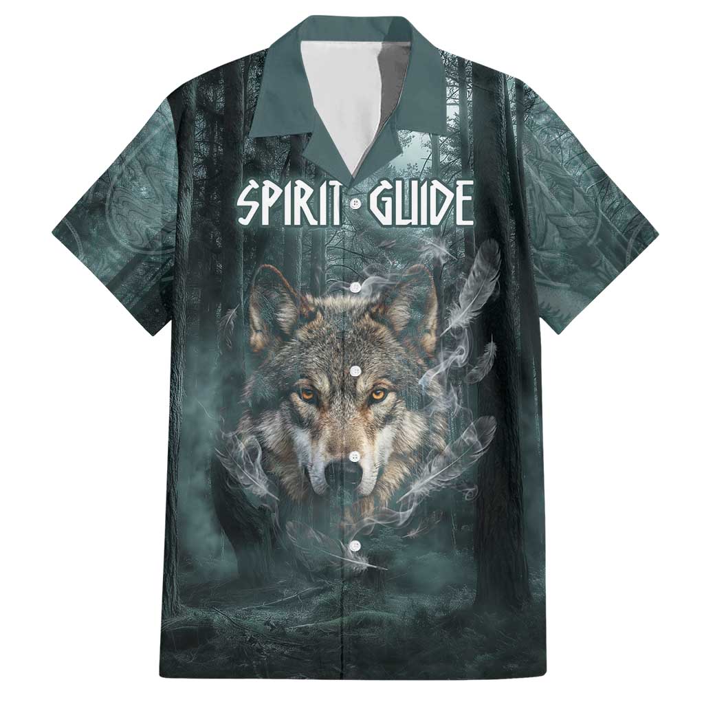 Spirit Guide Wolf Hawaiian Shirt with Forest Background Tribal Paw Print with Nature Symbols Native American - Wonder Print Shop