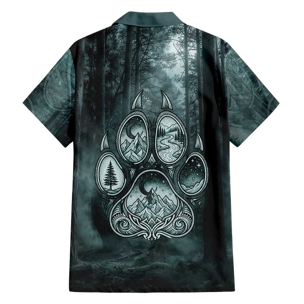 Spirit Guide Wolf Hawaiian Shirt with Forest Background Tribal Paw Print with Nature Symbols Native American - Wonder Print Shop