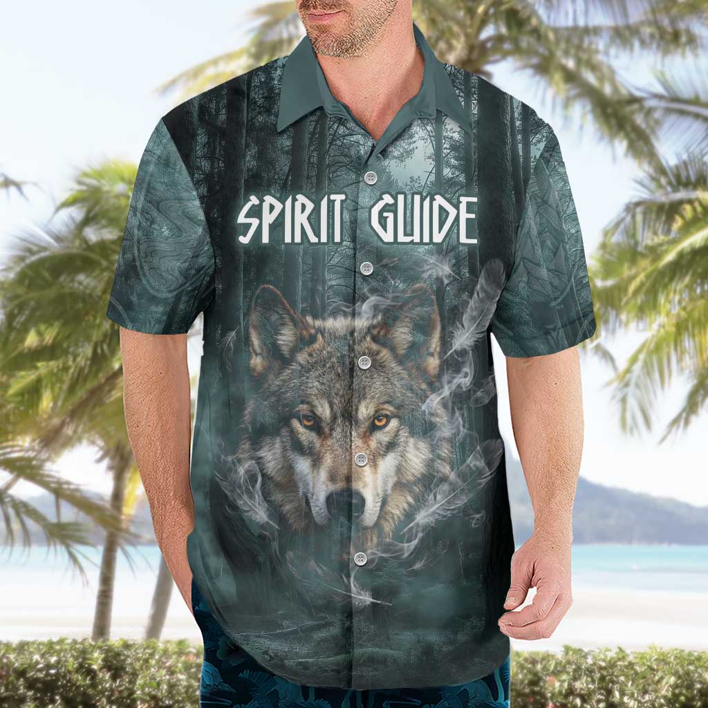 Spirit Guide Wolf Hawaiian Shirt with Forest Background Tribal Paw Print with Nature Symbols Native American - Wonder Print Shop