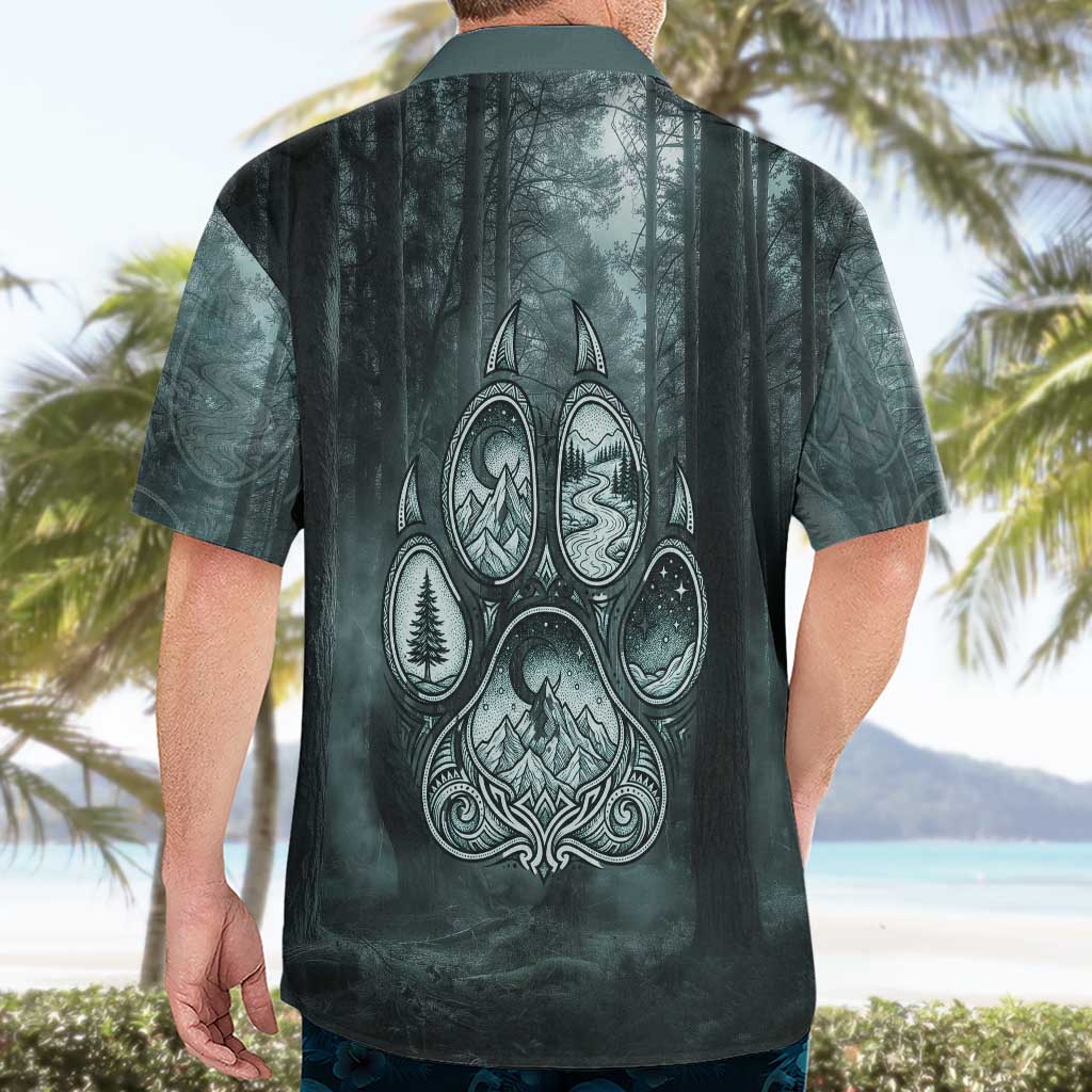 Spirit Guide Wolf Hawaiian Shirt with Forest Background Tribal Paw Print with Nature Symbols Native American - Wonder Print Shop