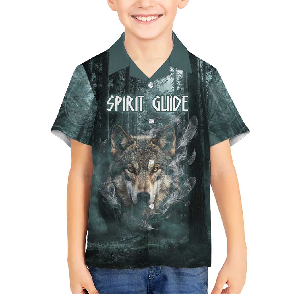 Spirit Guide Wolf Hawaiian Shirt with Forest Background Tribal Paw Print with Nature Symbols Native American - Wonder Print Shop