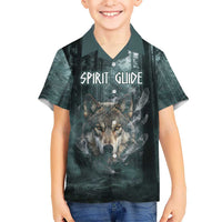 Spirit Guide Wolf Hawaiian Shirt with Forest Background Tribal Paw Print with Nature Symbols Native American - Wonder Print Shop