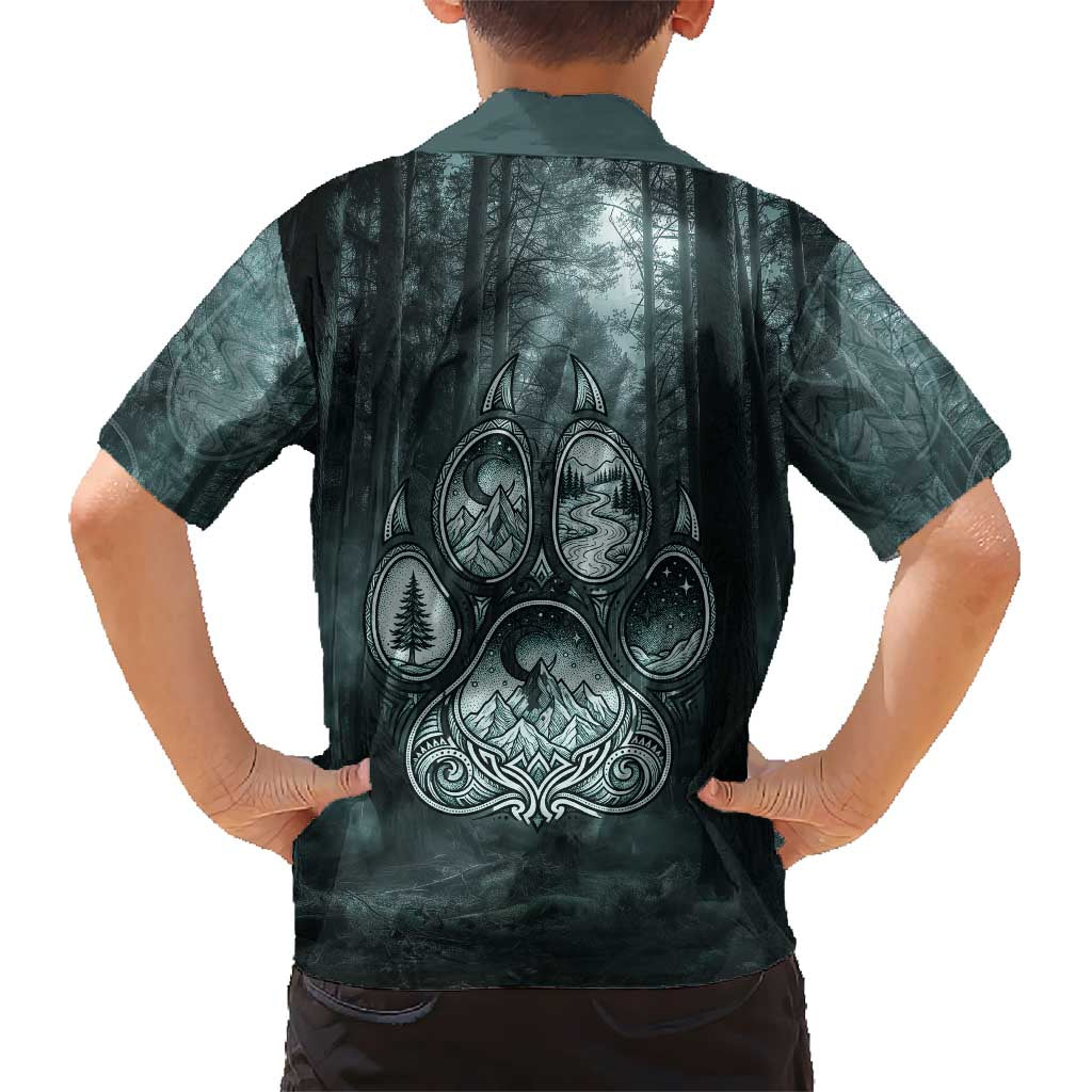 Spirit Guide Wolf Hawaiian Shirt with Forest Background Tribal Paw Print with Nature Symbols Native American - Wonder Print Shop