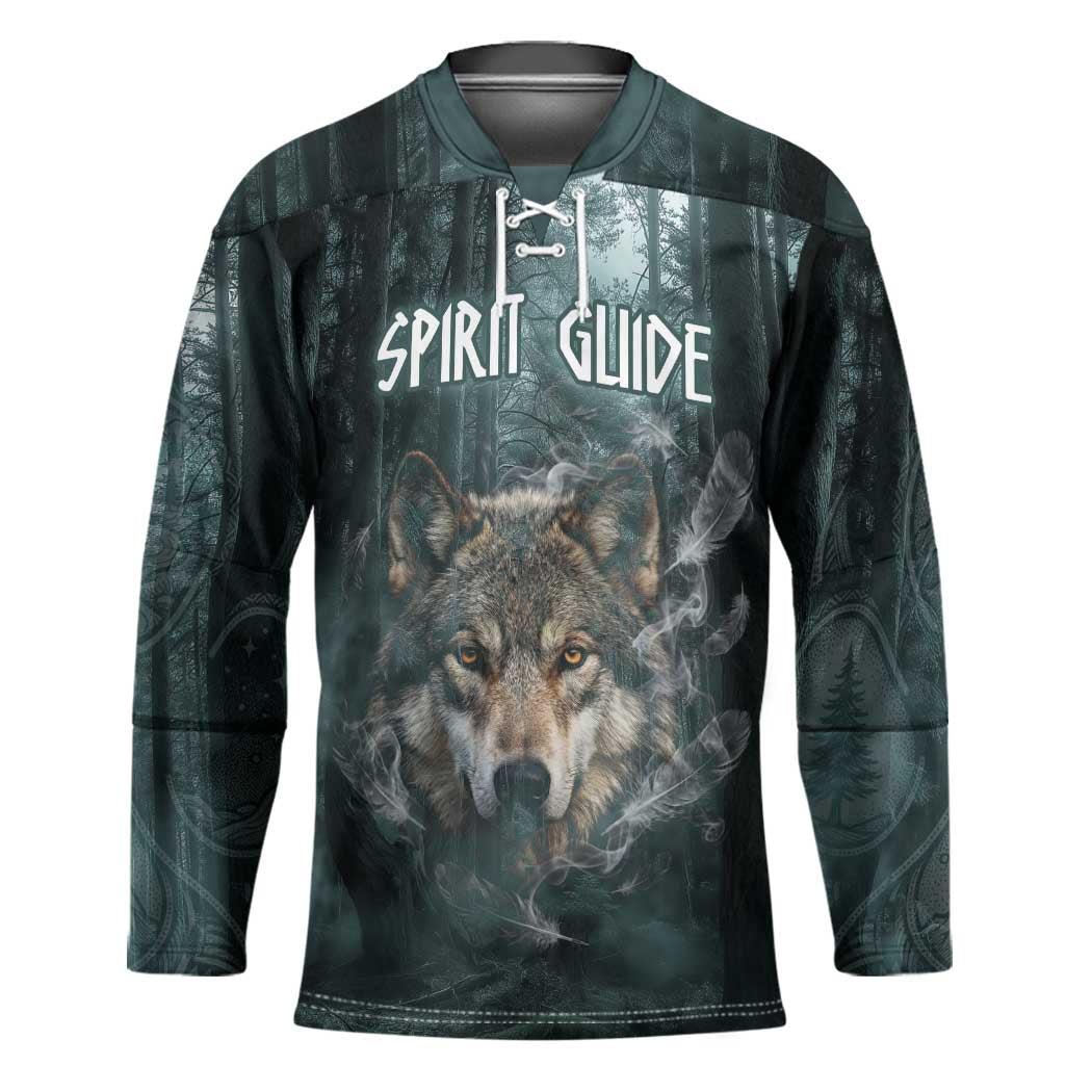 Spirit Guide Wolf Hockey Jersey with Forest Background Tribal Paw Print with Nature Symbols Native American - Wonder Print Shop