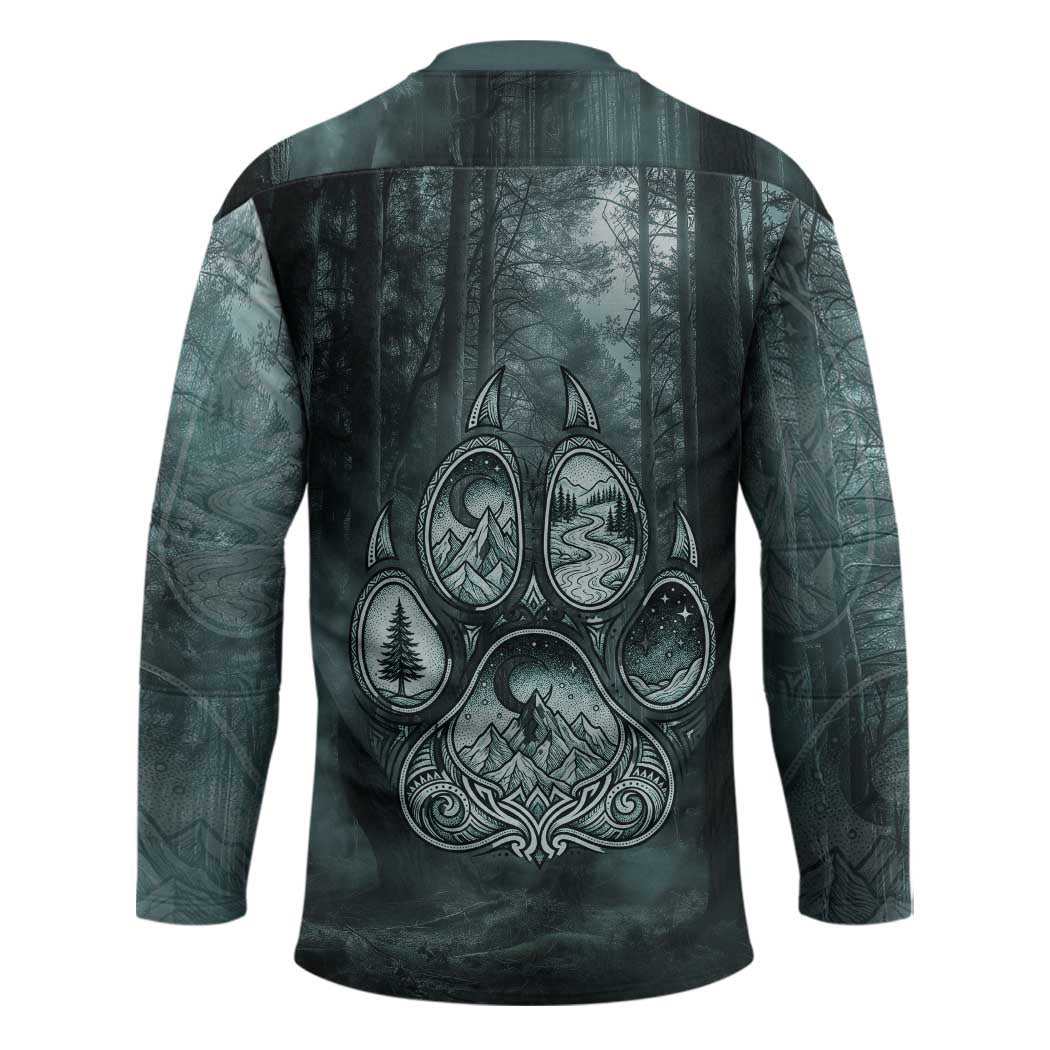 Spirit Guide Wolf Hockey Jersey with Forest Background Tribal Paw Print with Nature Symbols Native American - Wonder Print Shop