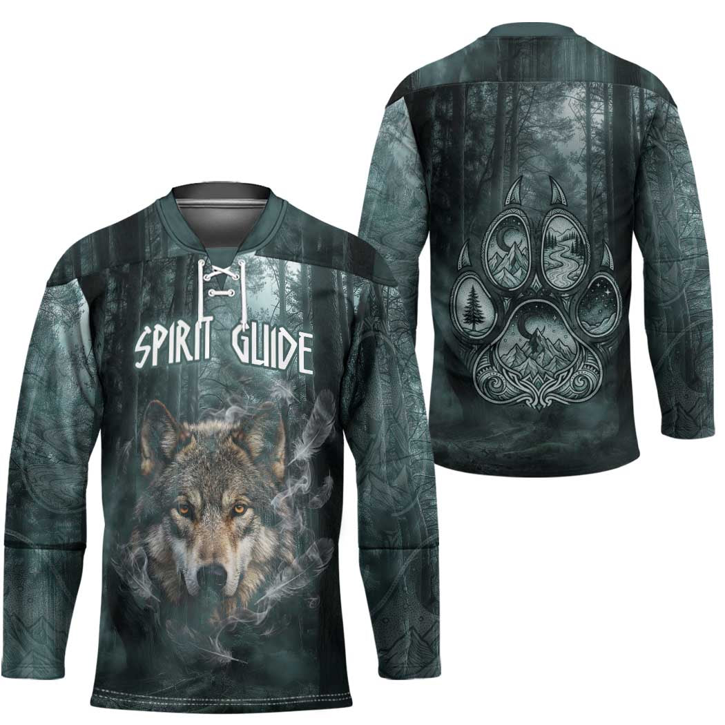Spirit Guide Wolf Hockey Jersey with Forest Background Tribal Paw Print with Nature Symbols Native American - Wonder Print Shop