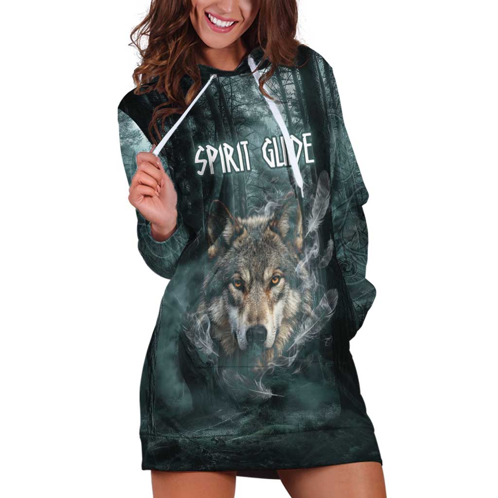 Spirit Guide Wolf Hoodie Dress with Forest Background Tribal Paw Print with Nature Symbols Native American - Wonder Print Shop