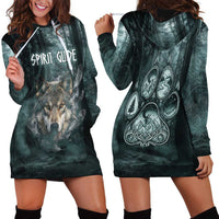 Spirit Guide Wolf Hoodie Dress with Forest Background Tribal Paw Print with Nature Symbols Native American - Wonder Print Shop