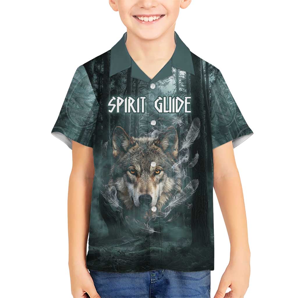 Spirit Guide Wolf Kid Hawaiian Shirt with Forest Background Tribal Paw Print with Nature Symbols Native American - Wonder Print Shop