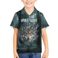 Spirit Guide Wolf Kid Hawaiian Shirt with Forest Background Tribal Paw Print with Nature Symbols Native American - Wonder Print Shop