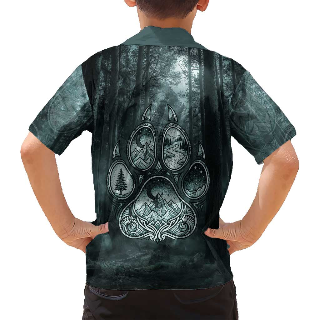 Spirit Guide Wolf Kid Hawaiian Shirt with Forest Background Tribal Paw Print with Nature Symbols Native American - Wonder Print Shop