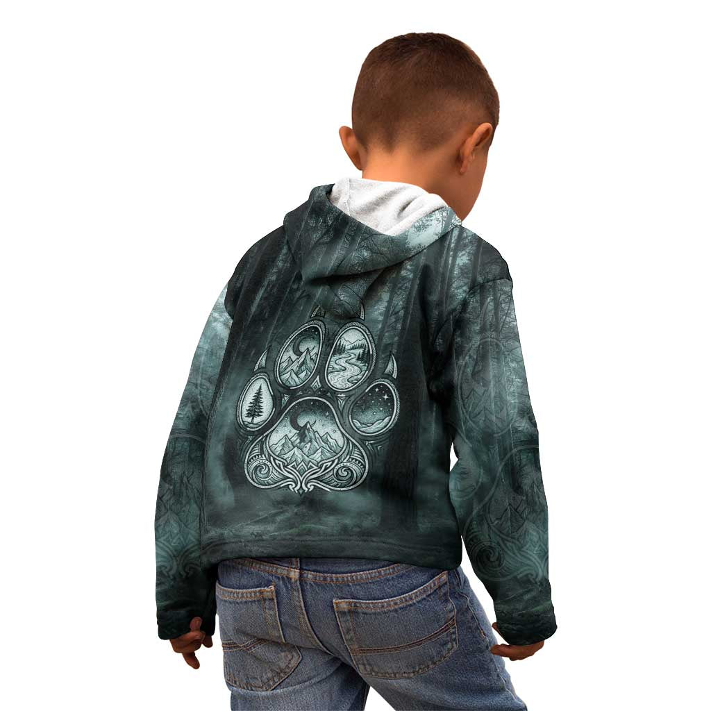 Spirit Guide Wolf Kid Hoodie with Forest Background Tribal Paw Print with Nature Symbols Native American - Wonder Print Shop
