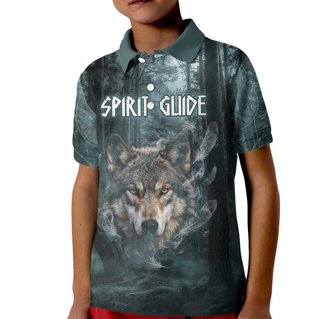 Spirit Guide Wolf Kid Polo Shirt with Forest Background Tribal Paw Print with Nature Symbols Native American - Wonder Print Shop
