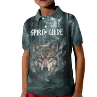 Spirit Guide Wolf Kid Polo Shirt with Forest Background Tribal Paw Print with Nature Symbols Native American - Wonder Print Shop