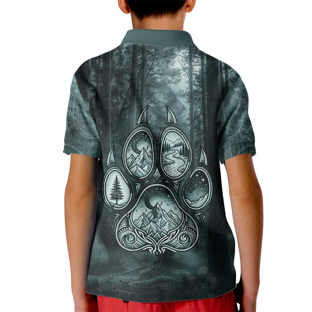 Spirit Guide Wolf Kid Polo Shirt with Forest Background Tribal Paw Print with Nature Symbols Native American - Wonder Print Shop