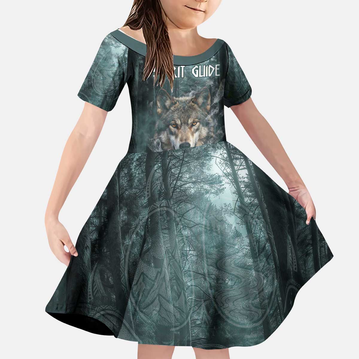Spirit Guide Wolf Kid Short Sleeve Dress with Forest Background Tribal Paw Print with Nature Symbols Native American - Wonder Print Shop