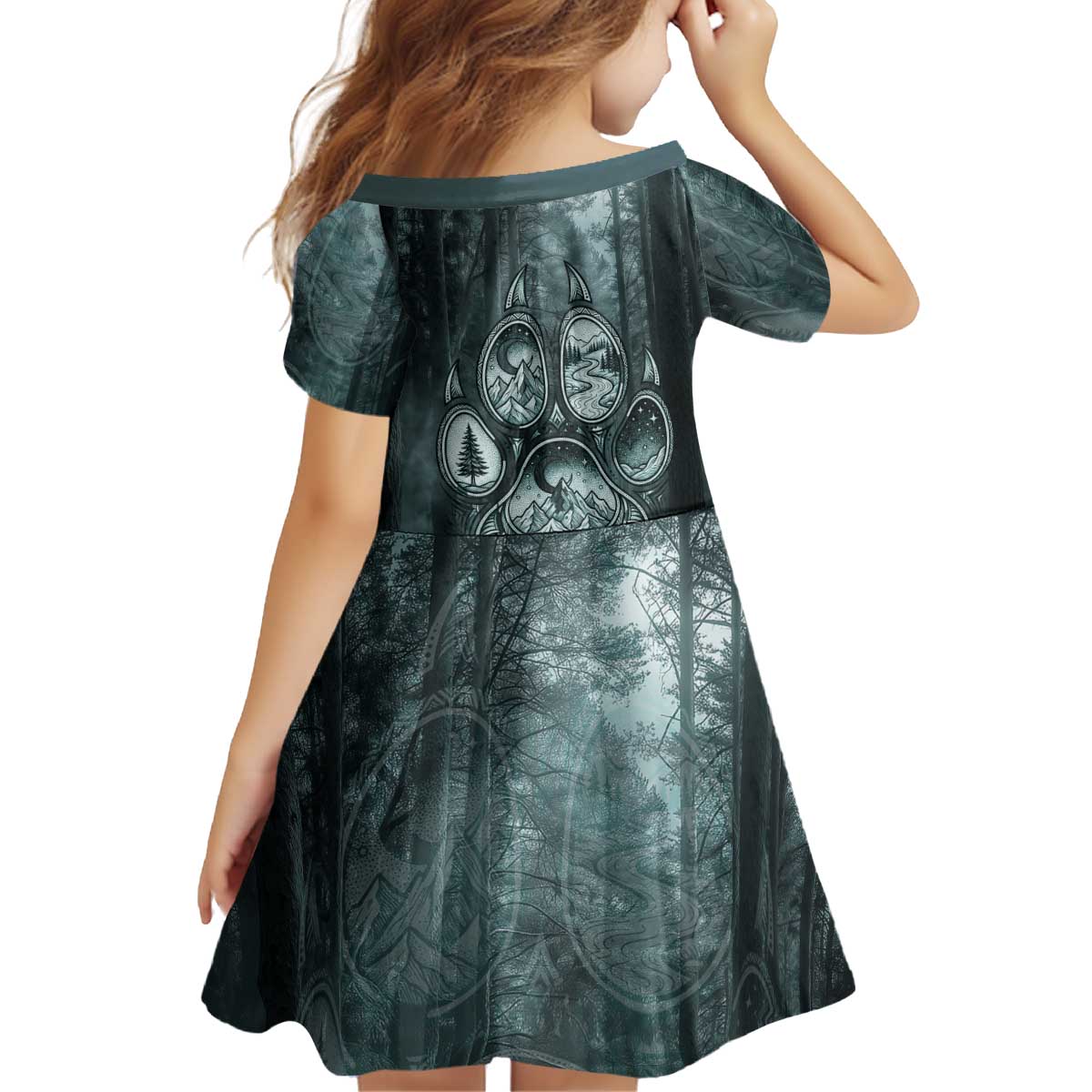 Spirit Guide Wolf Kid Short Sleeve Dress with Forest Background Tribal Paw Print with Nature Symbols Native American - Wonder Print Shop