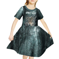 Spirit Guide Wolf Kid Short Sleeve Dress with Forest Background Tribal Paw Print with Nature Symbols Native American - Wonder Print Shop