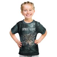 Spirit Guide Wolf Kid T Shirt with Forest Background Tribal Paw Print with Nature Symbols Native American - Wonder Print Shop